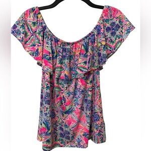 LILLY PULITZER Top Women XS La Fortuna Off The Shoulder DANCING Ruffle Top 28915